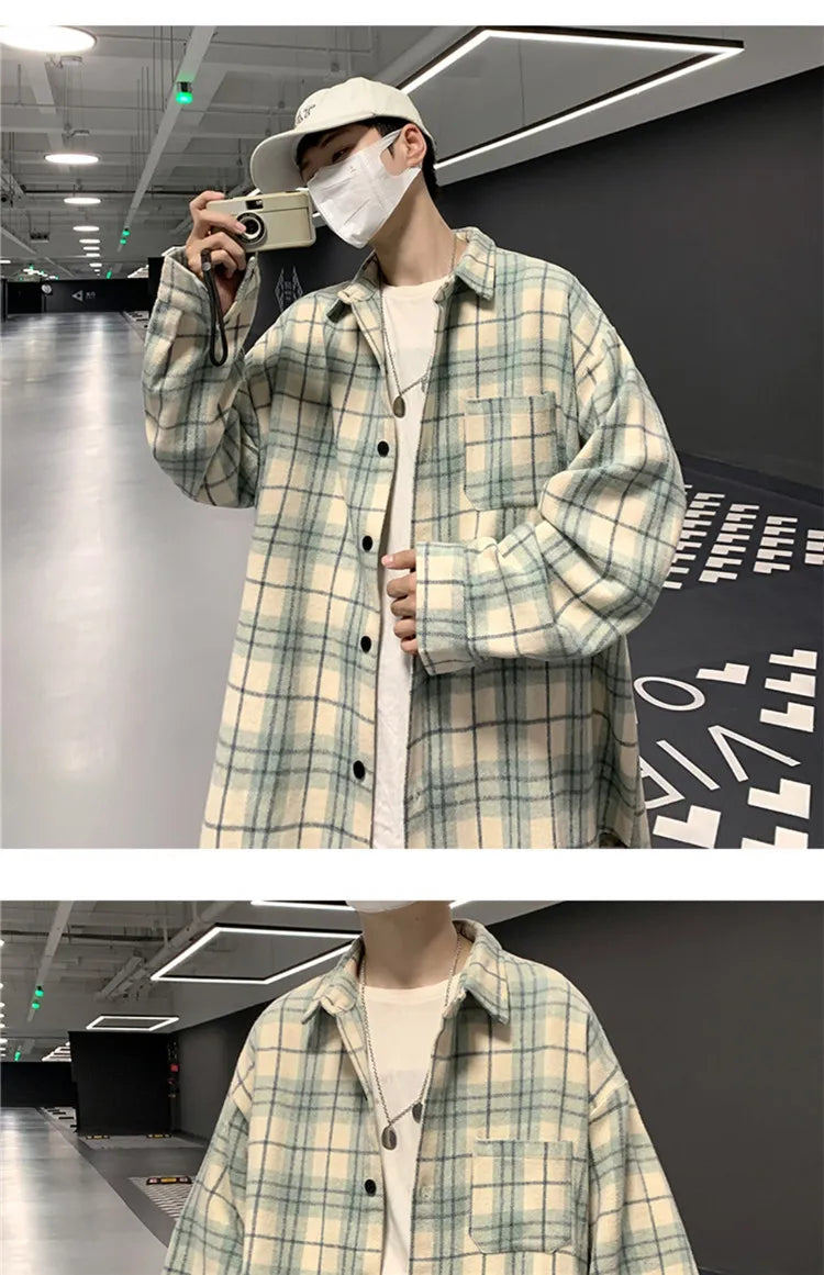 Men's Plaid Long Sleeve Shirt Loose Fit Thin Style Autumn Spring Casual Wear Sun Protection Outerwear Classic Check Pattern
