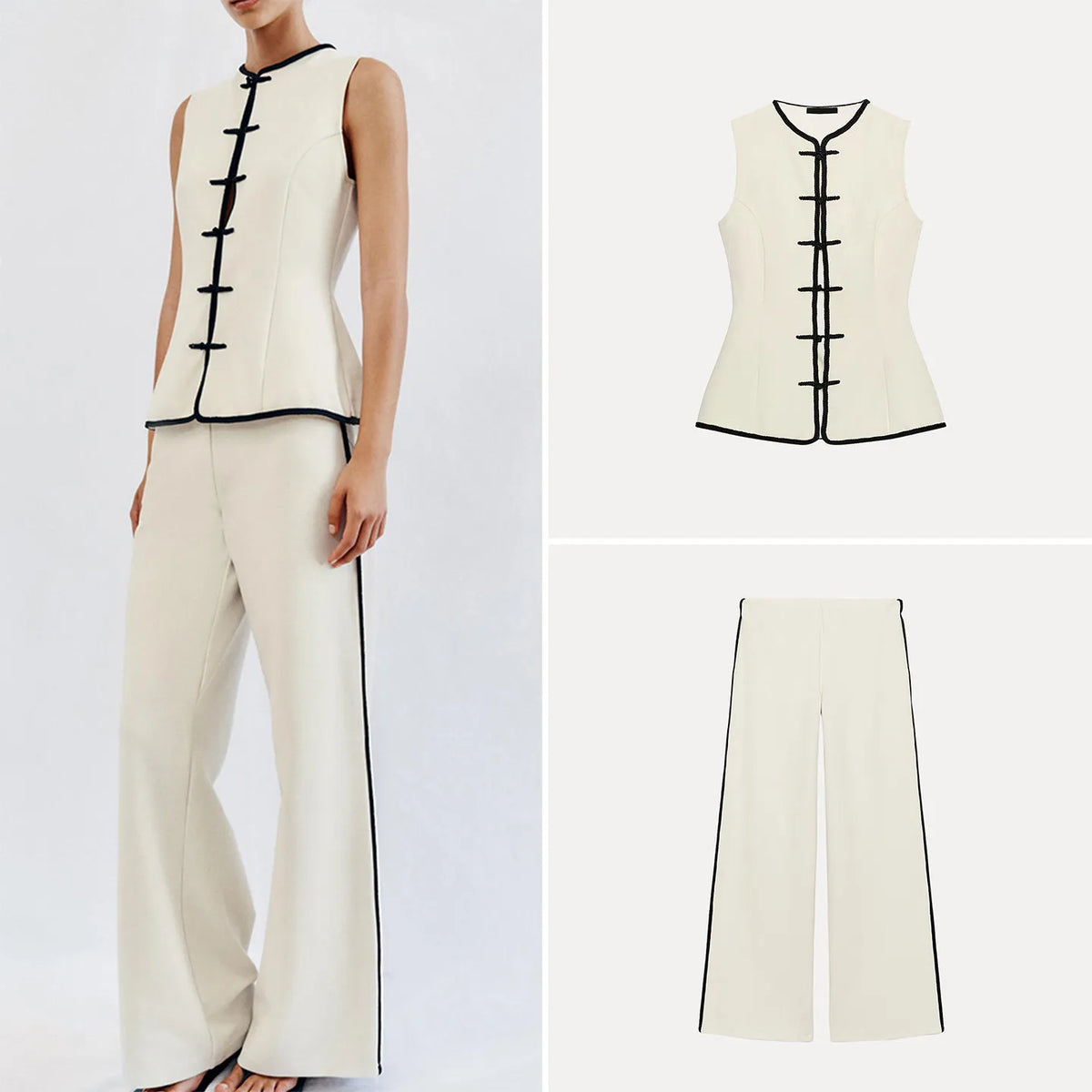 ZADATA Women's Summer Fashion Set round Neck Sleeveless Wide Leg Pants High Waist Color Block Design Top And Bottoms Ensemble