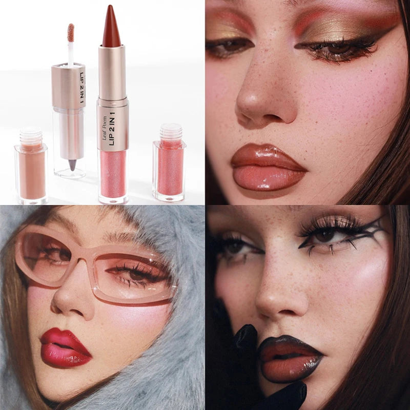 2IN1 Tapered Gradient Lipliner Pen Nude Brown Mirror Glass Lip Gloss Matte Lip Liner Waterproof Lip Contour Non Stick Makeup