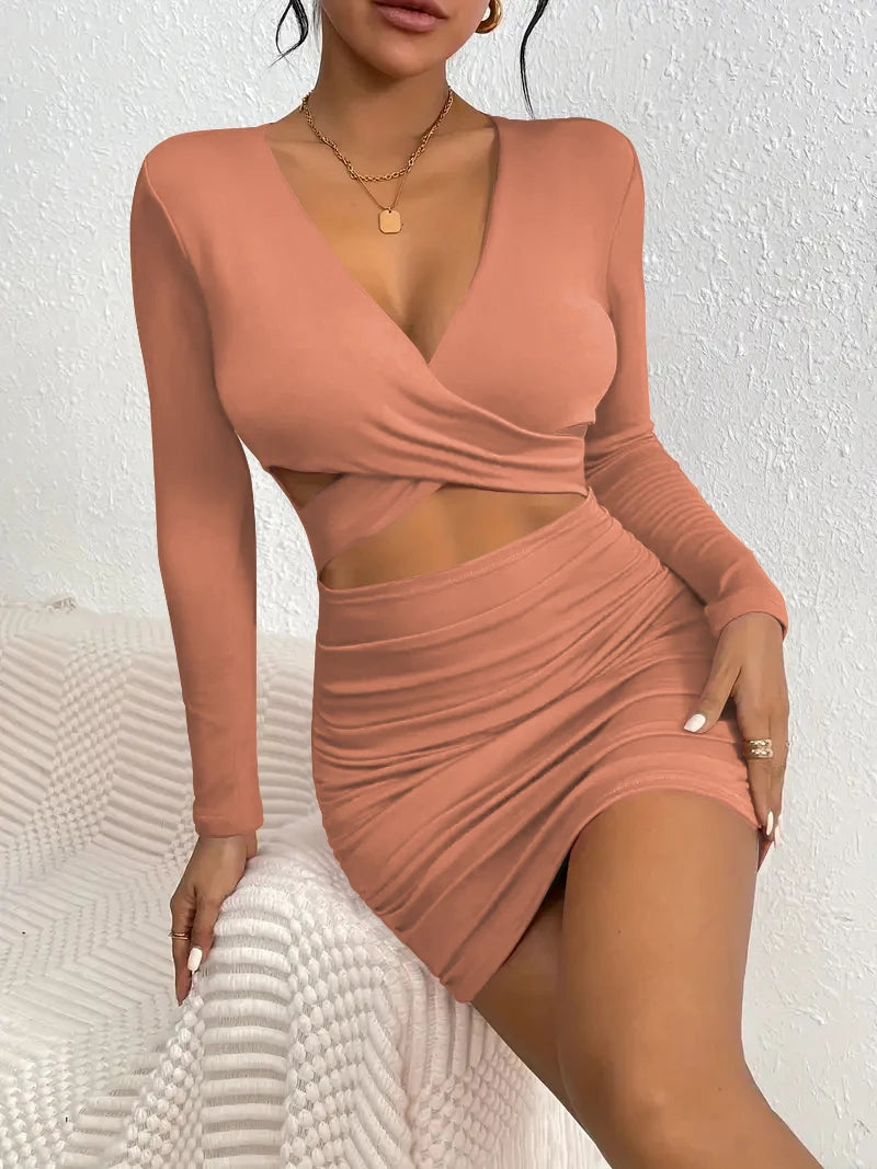 Women's Elegant Autumn/Winter Long sleeved V-neck Sexy Nightclub Tight Waist Wrapped Butt Mid length Dress 2024 New Style