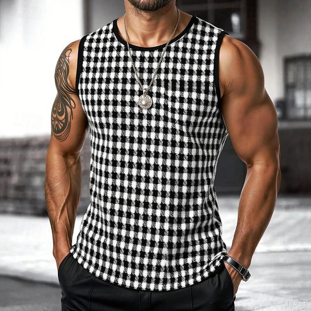 Retro Men's Vest Top 3D Print Plaid Striped Graphic Sleeveless Shirt Crew Neck Loose Streetwear Summer Fashion Casual Tank Tops