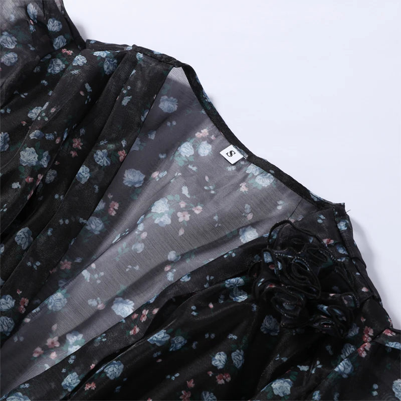 Elegant Printed Women's Dress V-neck Front Split Waist-closed Sashes Wrist Sleeve Gauze Dresses 2026 Summer Chic Female Robe