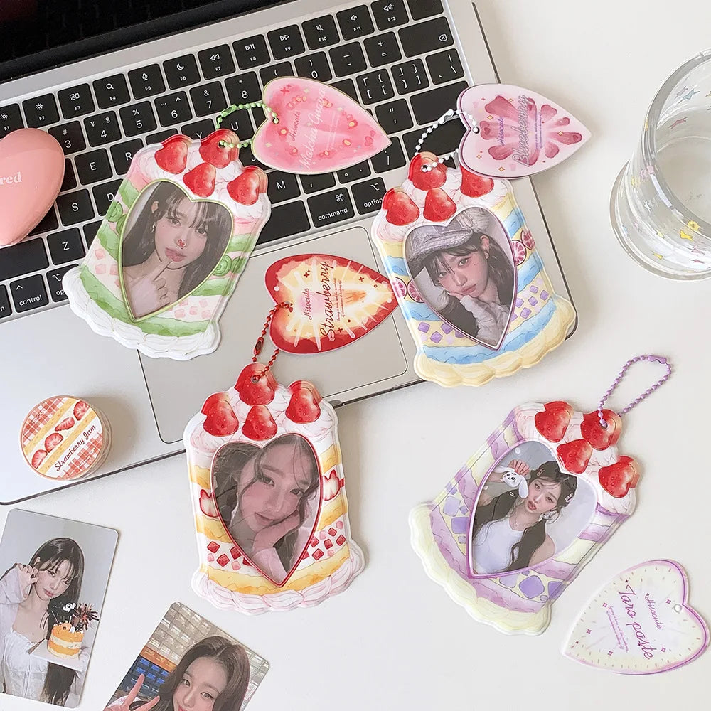 Fashion Cartoon Strawberry Cake Bag Pendant 3-Inch Card Holder Cute Girls Idol Photo Storage Card Bag Decoration Keychain Gifts
