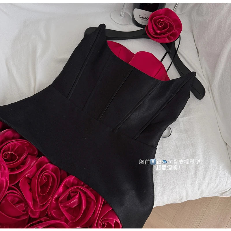 Women's Sweet Slash Neck Sleeveless Slim Waist Short Mini Dress French Retro 3D Rose Birthday Dress Spicy Girl Floral Bud Dress