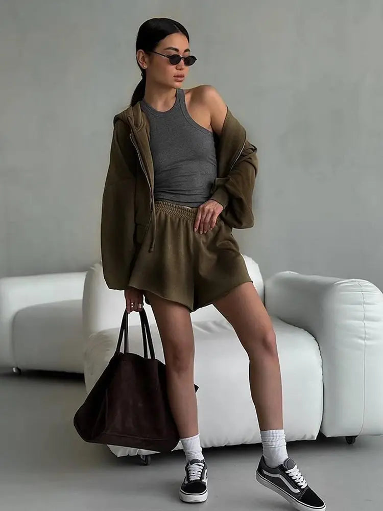 Women's Outfit Long-Sleeve Hooded Drawstring Sweatshirt Shorts Set Two-Piece Sets Sports Suit Sportswear Streetwear Trendy
