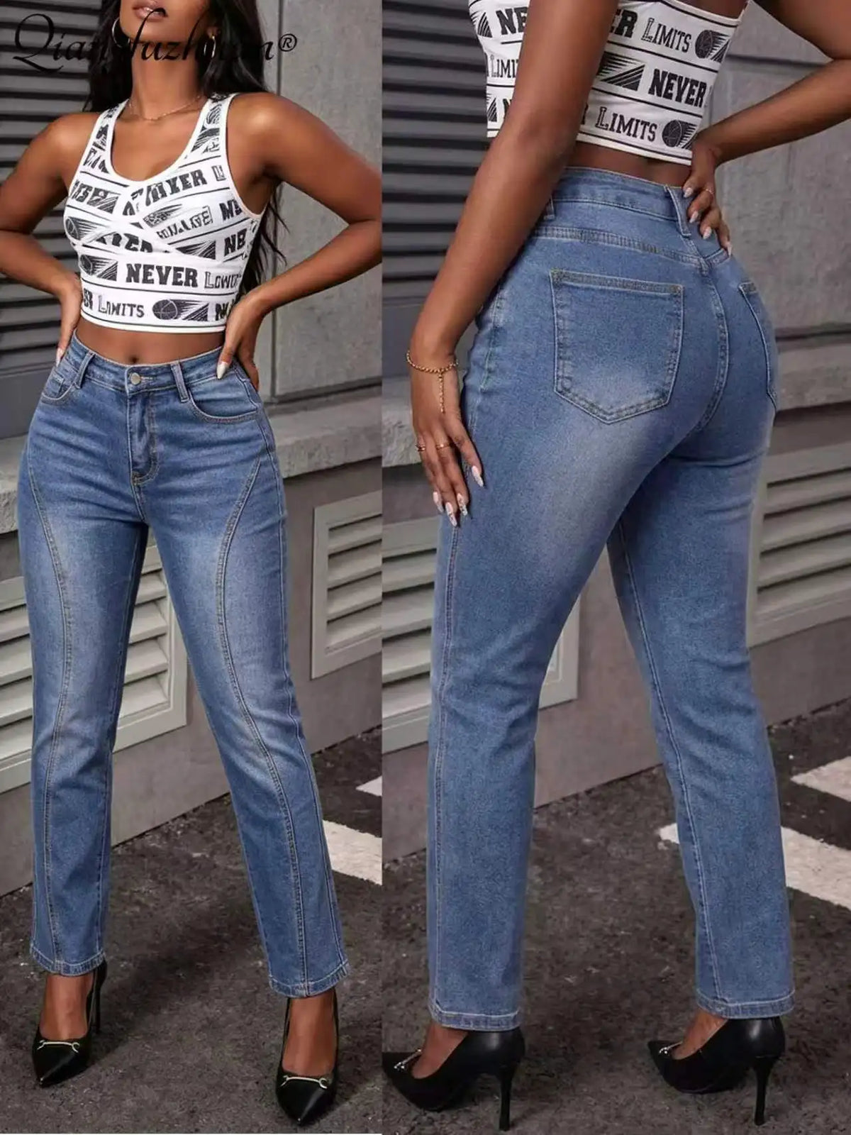Design-inspired blended washed blue jeans for women - flattering for all leg shapes, stylish straight-leg long pants