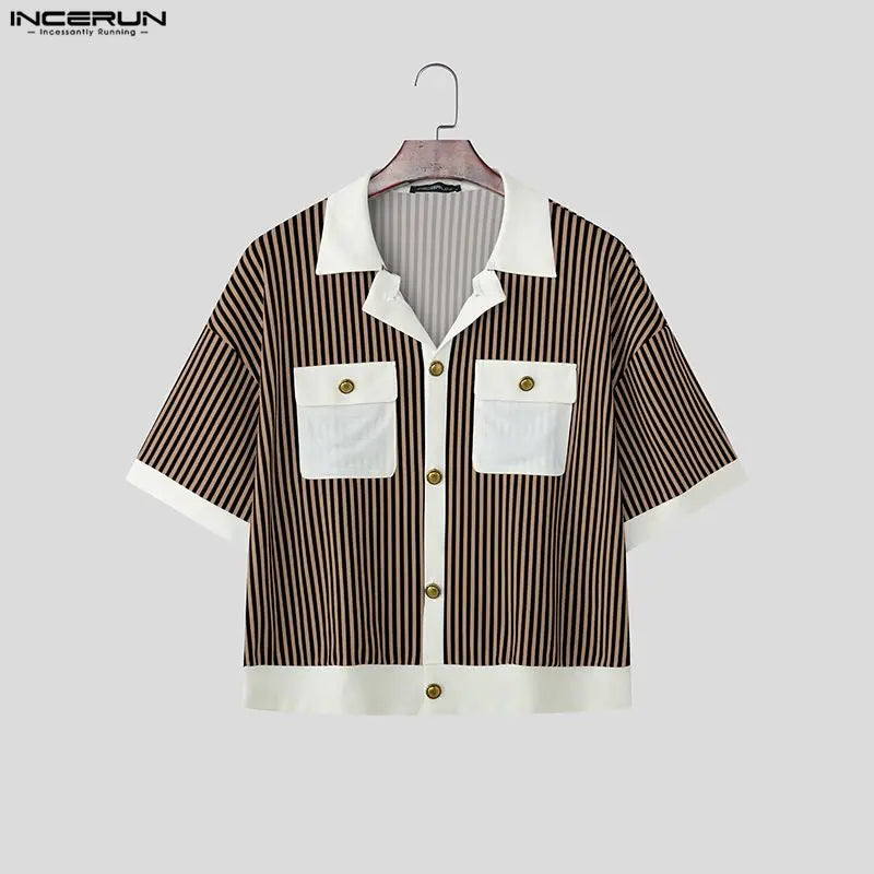 INCERUN Men Shirt Striped Patchwork Lapel Short Sleeve Casual Men Clothing Summer Color-block Fashion Leisure Tops Male Shirts