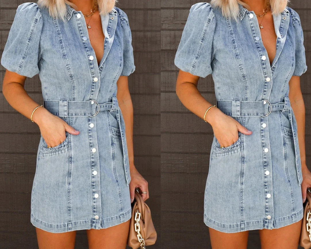 Y2k Denim Dress Women Mini Dresses Short Sleeve Turn Down Collar Single Breasted Belt Casual Elegant Party Jeans Vestidos 2024