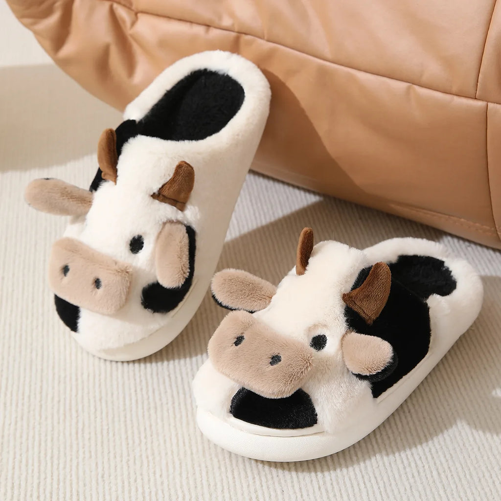 Winter Women Warm Cow Slippers Girls Cute Soft Indoor Bedroom Sandals Men Non-slip Plush Slides Couples Funny Flat Flip Flops