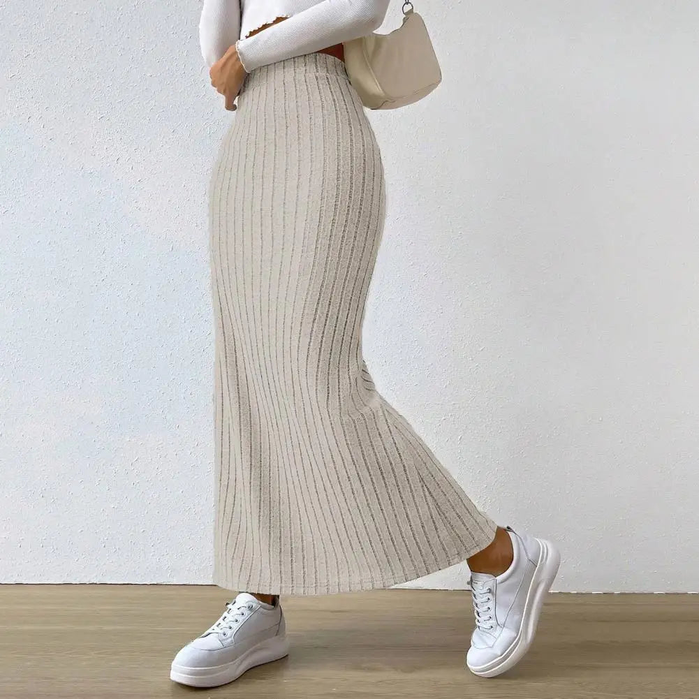 Long Skirt with Side Slits Breathable Maxi Skirt Elegant Ribbed Maxi Skirt with Side Slits High-waisted Solid Color for Autumn