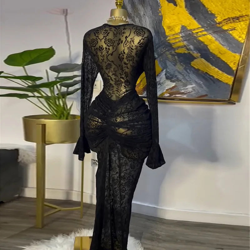 CM.YAYA Women Long Sleeve Ruched Mesh See Though with Lining Bodycon Long Dress 2025 Fall Evening Birthday Sexy Party Dresses