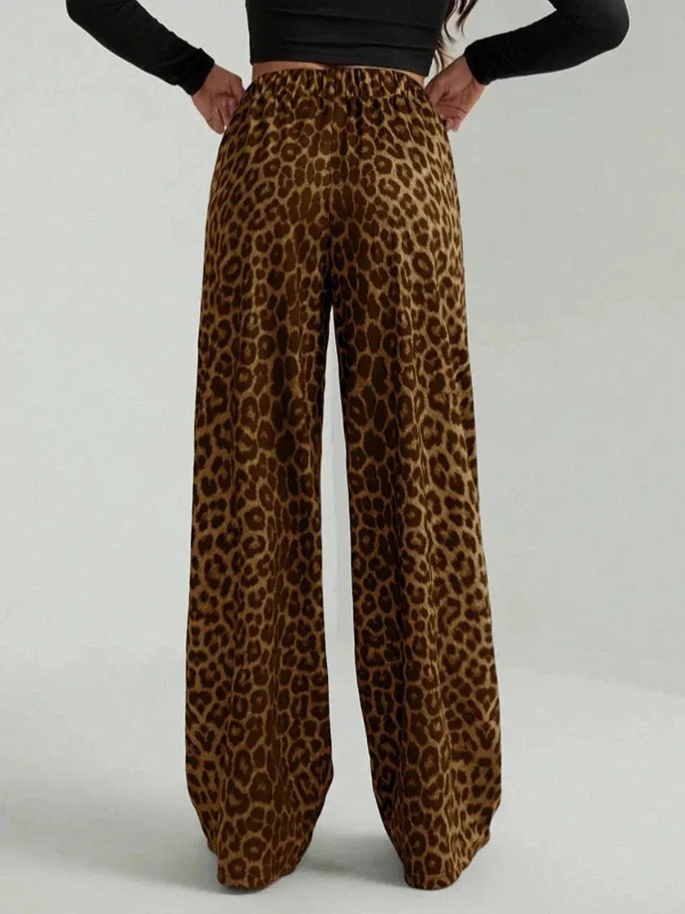 Fashion High Street Straight Casual Pants 2026 New Leopard Print Pants Women Elasticity High Waist Loose Wide Leg Pants Women