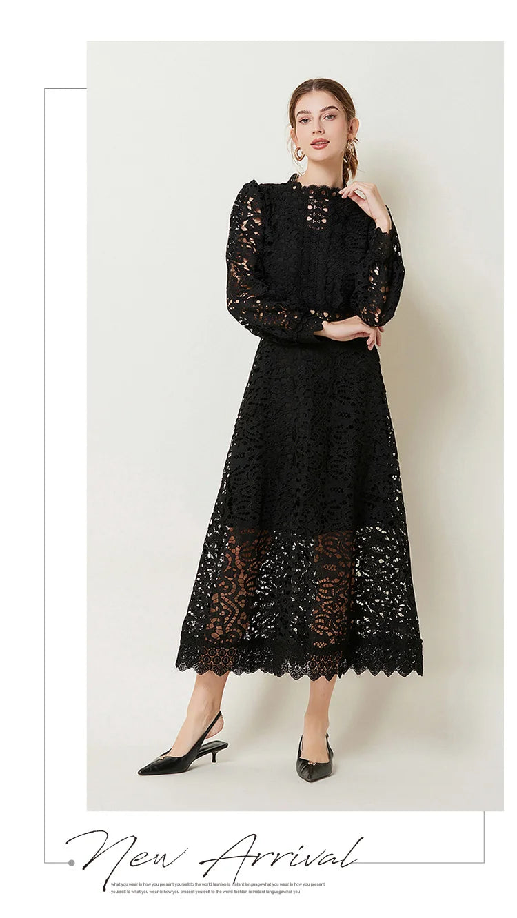 Solid Lace Holloe Out Slimming Elegant Dresses For Women Stand Collar Long Sleeve High Waist Minimalist Dress Female Fashion