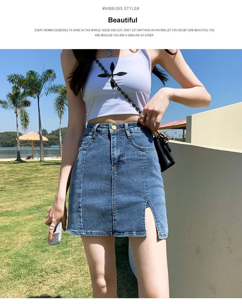 Denim Short Skirt Women's New Summer High Waist Split Half Body Retro Wrapped Hip Skirt  A-line Pant Skirt