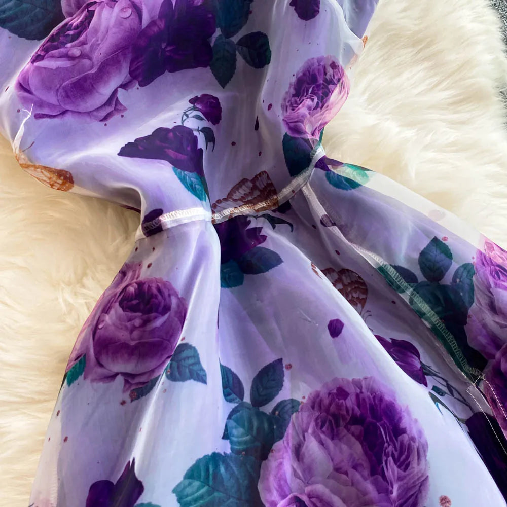 Spring Floral Series Holiday Dr Women's Summer High Waist Slim Fit Sexy Strapl Midi Length Belted Gown Korean Sle