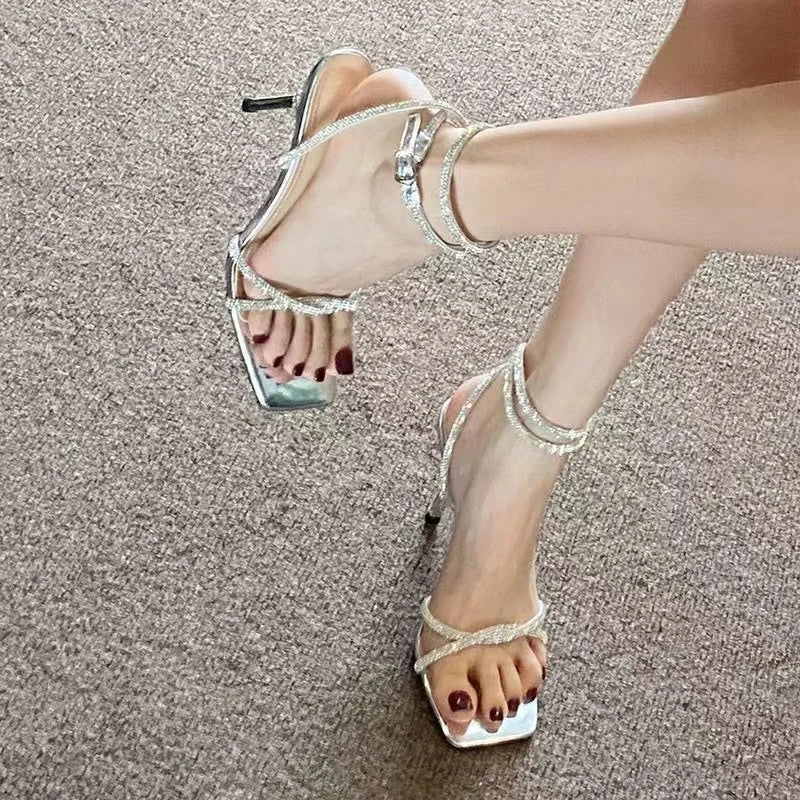 Elegant High Heels with Fine Stiletto Strap Fairy Tale Women's Shoes Fashionable Low Cut Rubber Sole Anti-Slip PU Lined Sandals