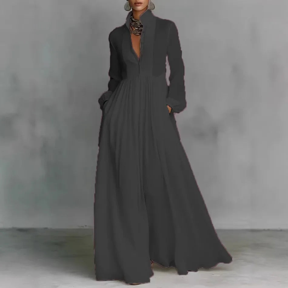 Elegant High Waist Swing Long Dress Woman Spring Solid Pockets Pleated Maxi Dress Spring Autumn Long Sleeve Button Evening Dress