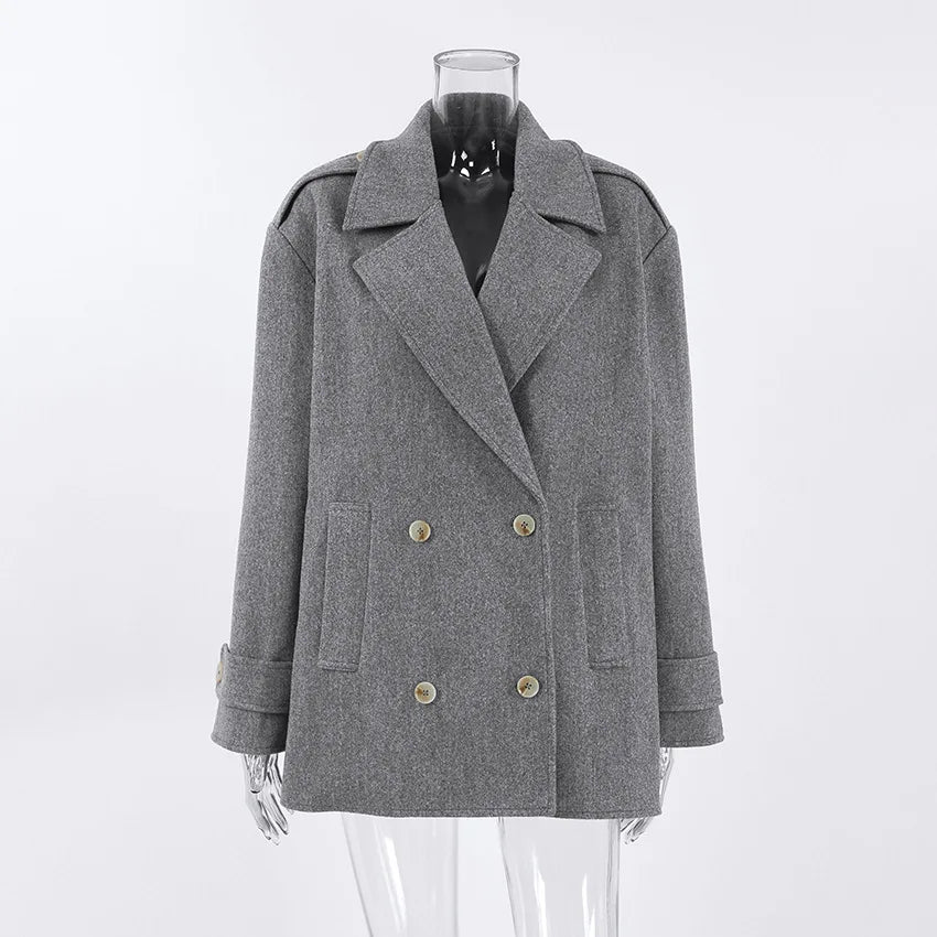Gray Wool Blend Coat Notched Lapel Double Breasted Long Sleeve Cuff Detail Loose Mid-Length Women Commuter Woolen