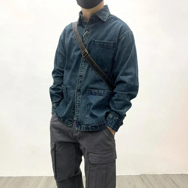 Workwear Denim Jacket Men's Japan Retro Multi Pockets European and American Autumn and Winter Couple Collar Loose Shirt Jacket