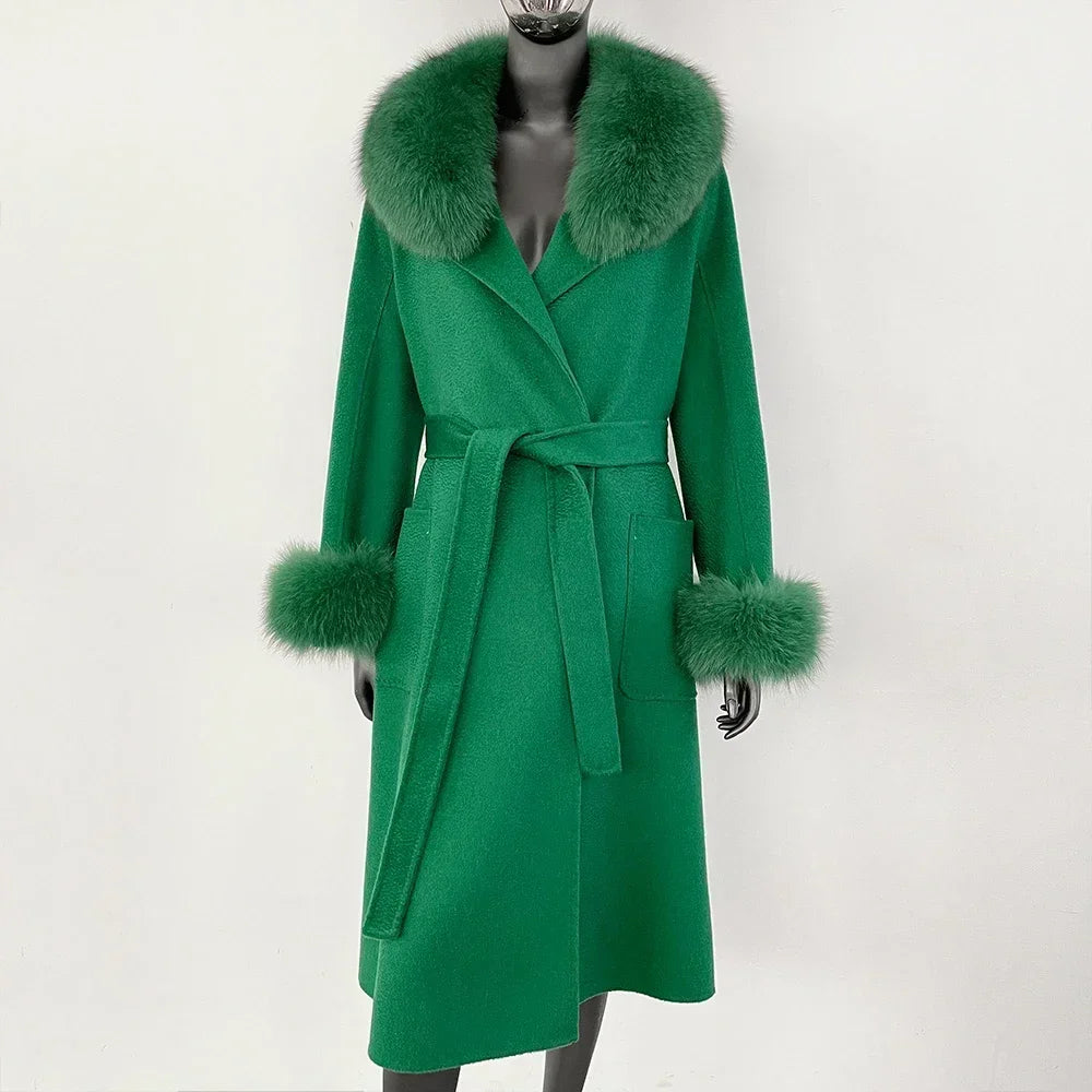 Elegant Wool Fur Jacket Women's Autumn Winter Warm Coat Natural Real Fox Fur Collar Jacket Casual Fashion Long Fur Coat Women's