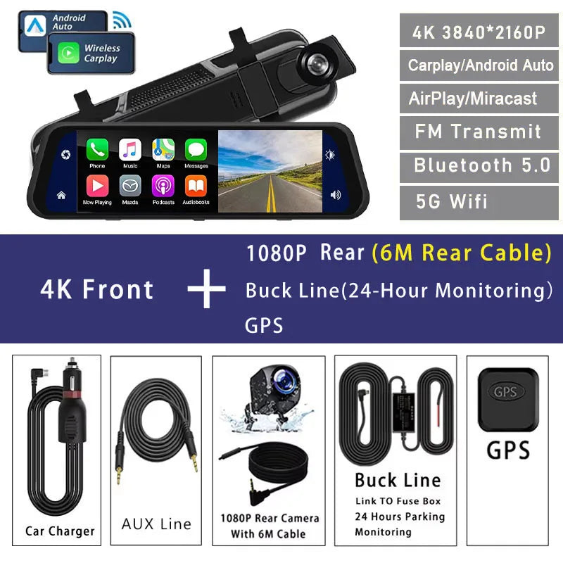4K 3840*2160P Dash Cam Carplay Android-Auto Car DVR Dual Len 5G Wifi GPS BT FM Video Drive Recorder Stream Mirror Dashcam Camera