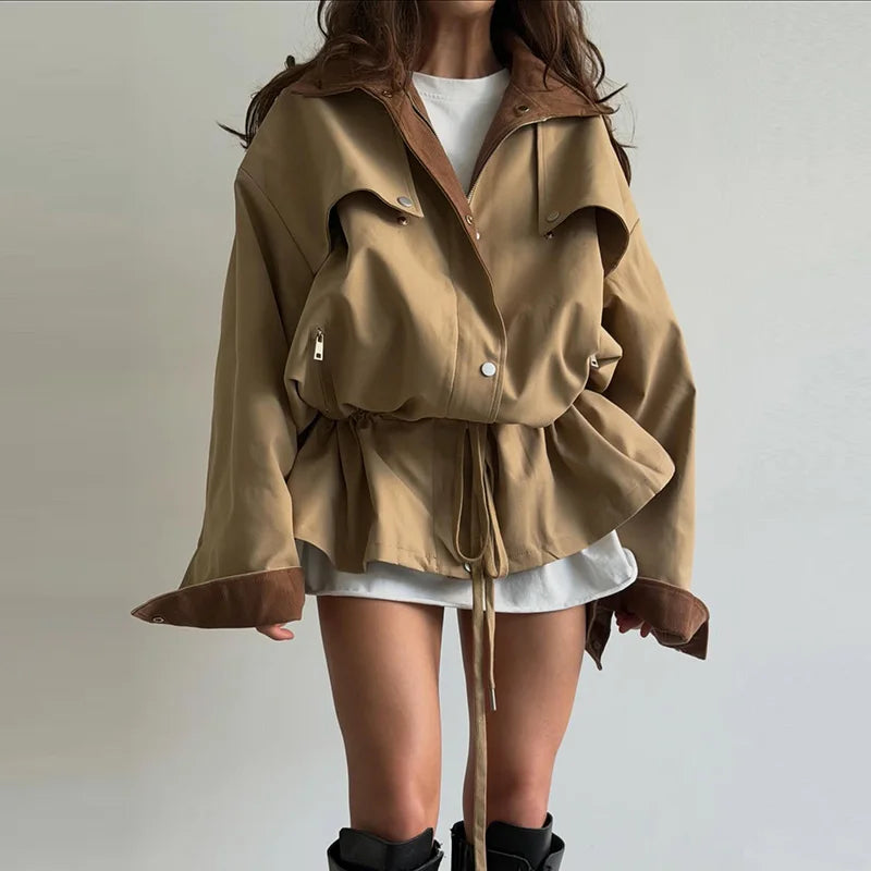 Lapel Women's Outerwear Waist Cinching Belted Jacket Drop Shoulder Cropped Cargo Trench Coat Meilaid Style Daily Fashion Wear