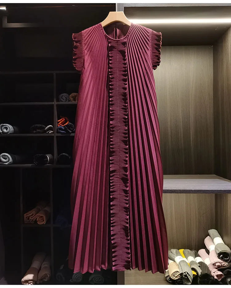Miyake Pleated Solid Color Dresses High-End 2026 Ruffled Handmade Pleats Solid Color Fold Dress Summer Elegant Sleeveless Dress