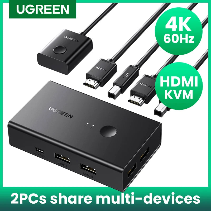 UGREEN HDMI-compatible KVM Switch 4K@60Hz USB 2.0 Switcher  for Printer Monitor Mouse 2 PCs Sharing 1 Device with HDMI Cables