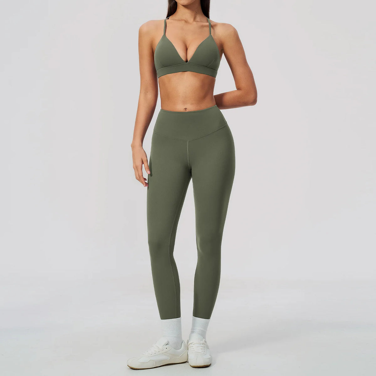 Woman Yoga Set Fitness Suit 2PCS Gym Clothing Running Workout Sportswear Outfit Tracksuit Set V Neck Cross Back High Waist Pants