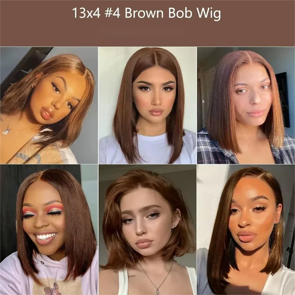 220 Density Full Frontal 13x4 HD Transparent Lace #4 Chocolate Brown Straight Short Bob Wig Human Hair Wigs Pre Plucked Wig