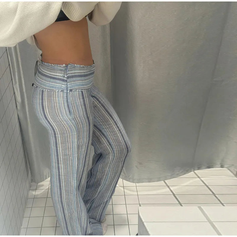 Color Vertical Stripe Women's Wide Leg Pants Folded Wide Waistband Side Thin Drawstring Tie Relaxed Drape Length Casual Pants