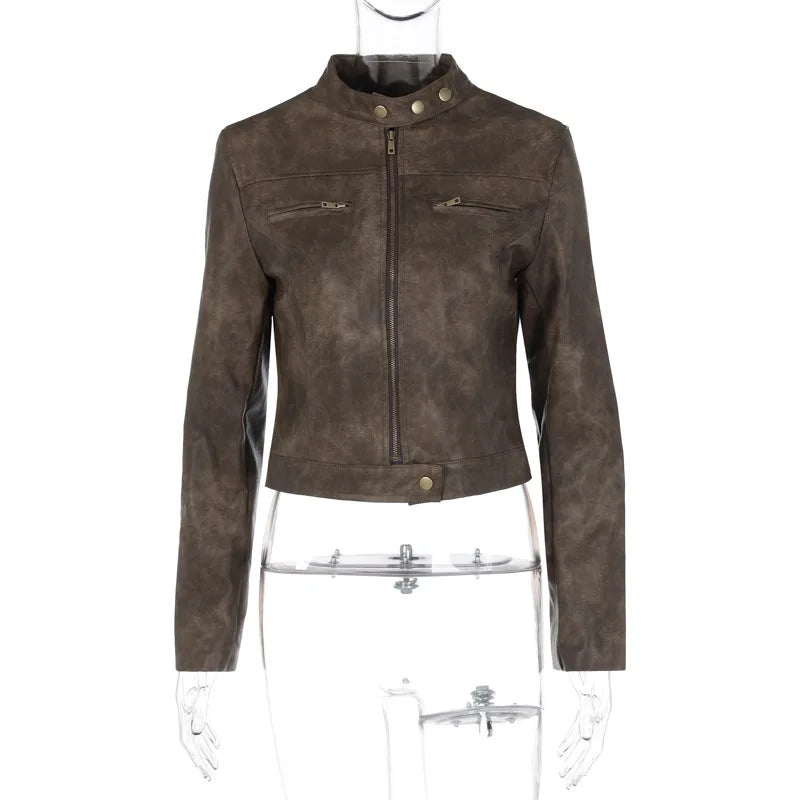American Y2K Retro Distressed Brown Short Jacket 2026 Spring New Hot Girl Versatile Stand Collar PU Leather Jacket