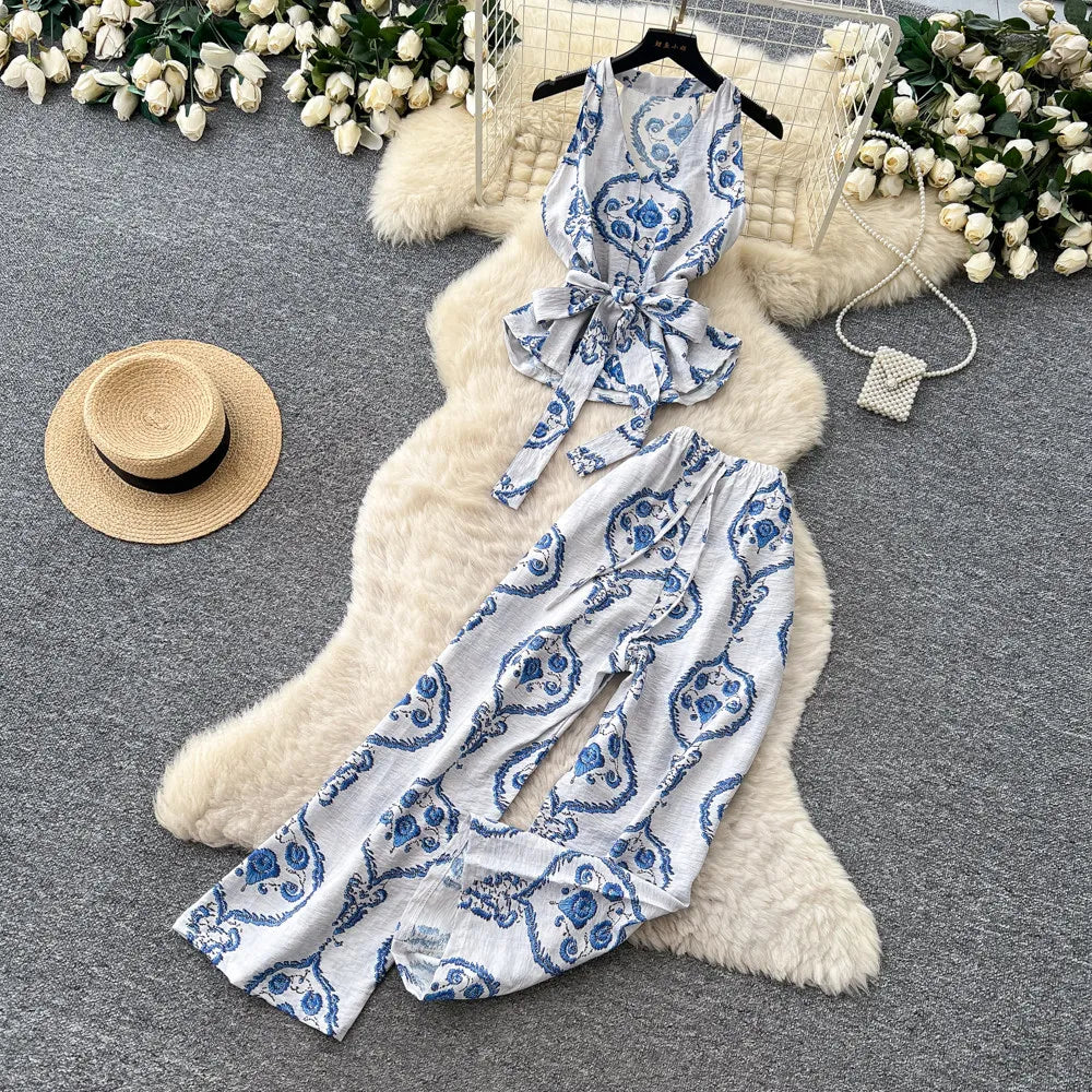 SINGREINY Boho Print Vacation Suits Summer 2026 Sleeveless Lace Up Tank Top+Loose Wide Leg Pant Chic Lazy Casual Women 2pcs Sets