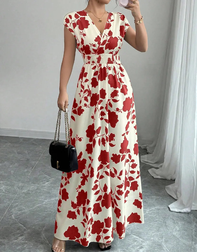 2026 Women's New Fashion Casual Daily Comfortable Elegant Lace-up Floral Print V-neck Short Sleeve Waist Women's Long Dress