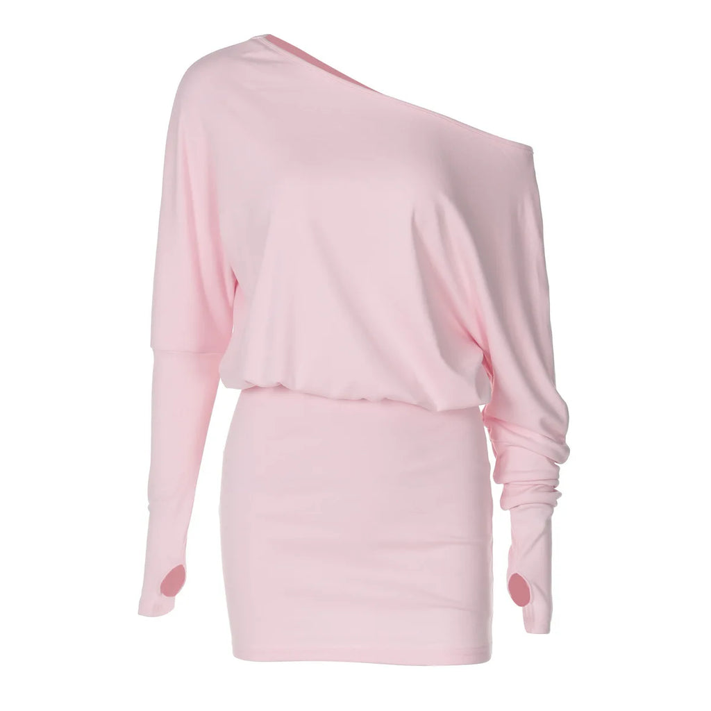 Women's Off-Shoulder Mini Dress Long Sleeve Oblique Neck Bodycon Sexy Short Fashion for Party Club Fall Winter