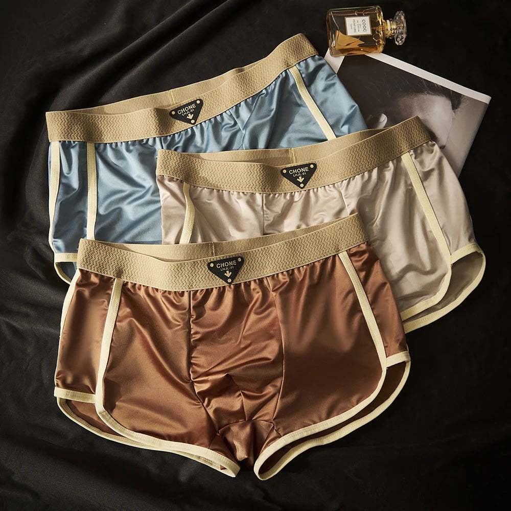 3PCS/Pack Luxury Solid Satin-like Boxer Man Cool 10A Antibacterial Silk U-shape Pouch Men's Panties High Elastic Wais Underpants