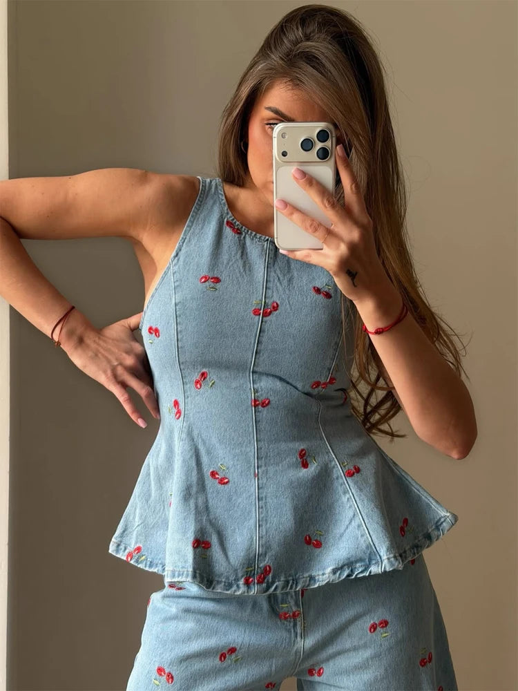 Denim Printed Pants 2 Piece Set Women Elegant Round Neck Sleeveless Vests Slim Long Pant Suits 2026 Lady Daily Street Outfit New
