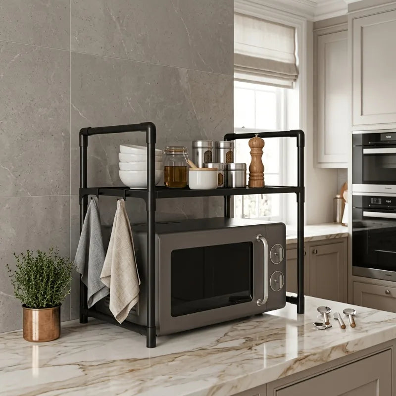 Microwave Oven Rack 2‑Tier Kitchen Countertop Organizer, Heavy Duty Metal Shelf with Hooks for Spices Utensils Small Appliances