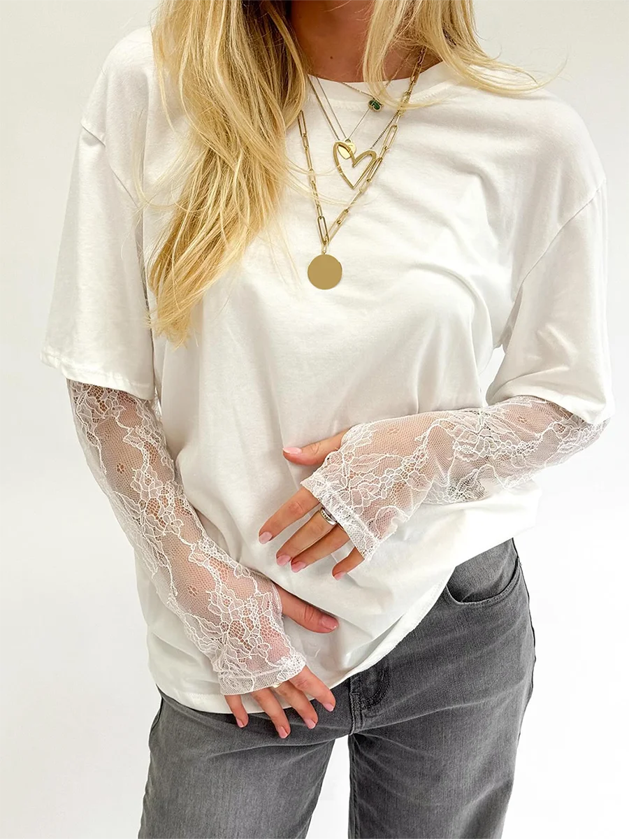 Women Round Neck T-Shirt Lace Long Sleeve Casual Shirts Spring Fall Loose Fit Tops Ladies Solid Color Tee for Streetwear Y2K 00s