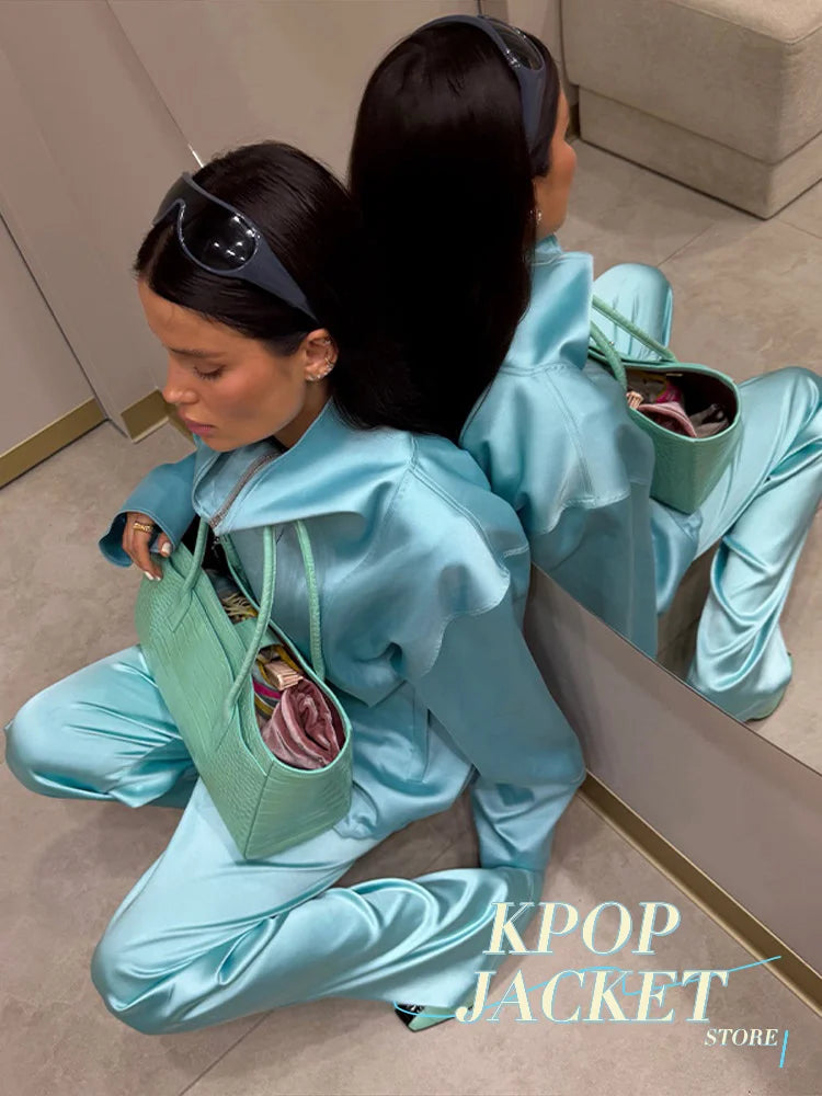 Women Satin Stand Collar Loose Jacket 2 Piece Set Long Sleeve Zip Coat Elastic Waist Pants Matching Co Ord 2026 Casual Outfits