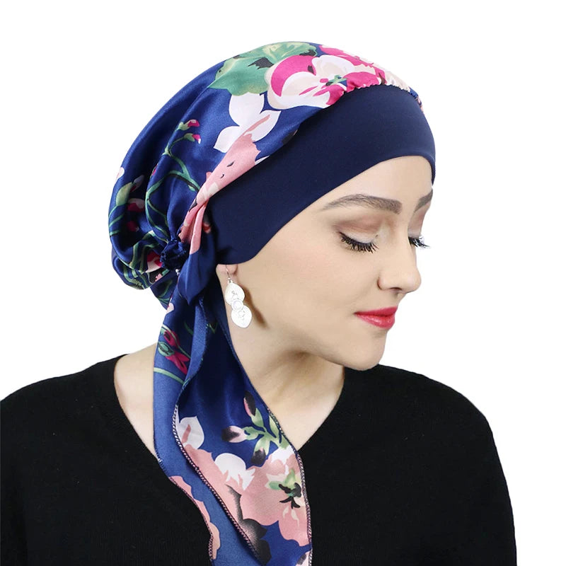 Printed Pre-tie Headscarf Women Elastic Muslim Female Turban Cancer Chemo Hat Hair Loss Cover Head Wrap Headwear Stretch Bandana