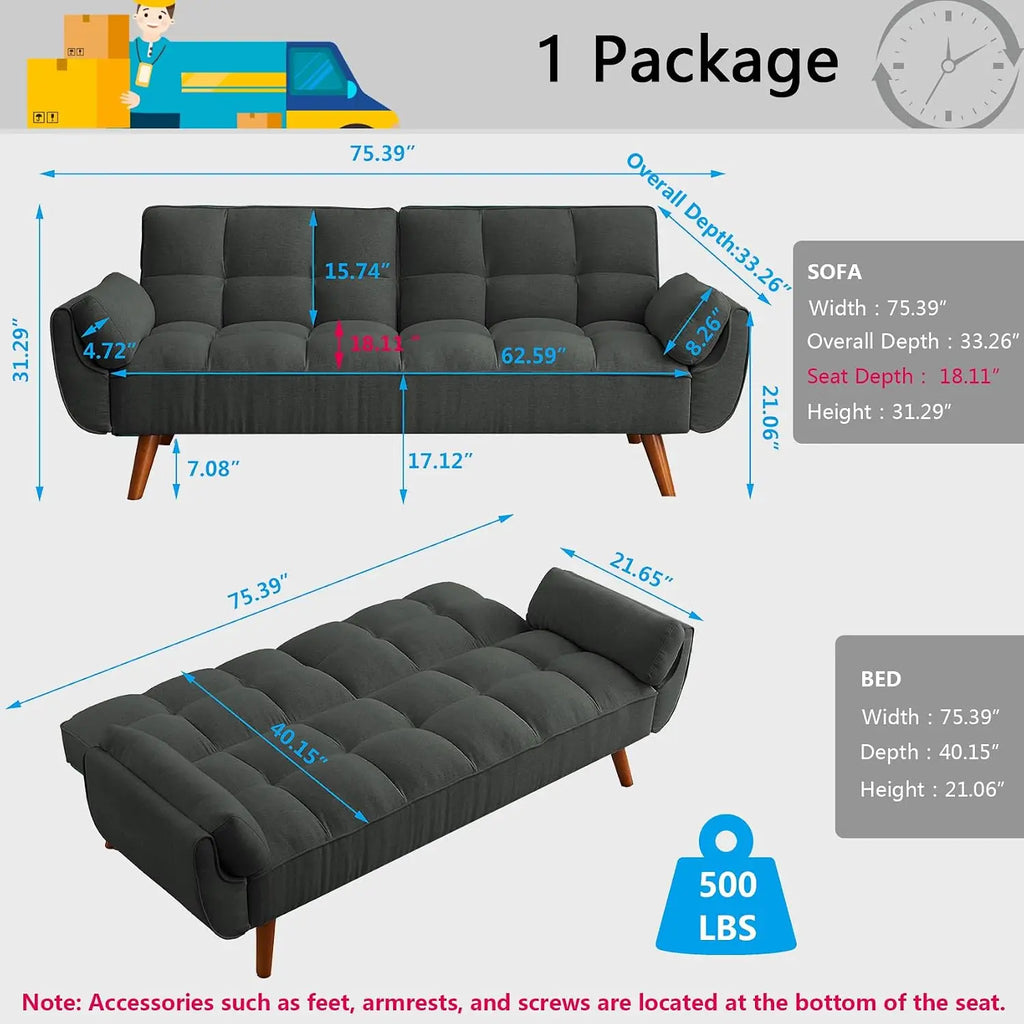 Modern Convertible Sleeper Sofa, 75" Twin Futon with Adjustable Split Backrest for Living Room Small Spaces, Grey, Customized