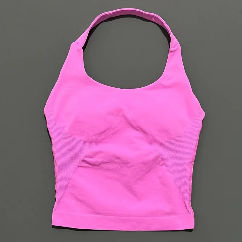 Halter Yoga Tank Top Women Sexy Seamless Strappy Backless Slim Fit Padded Breathable Gym Fitness Running Workout Sports Tops