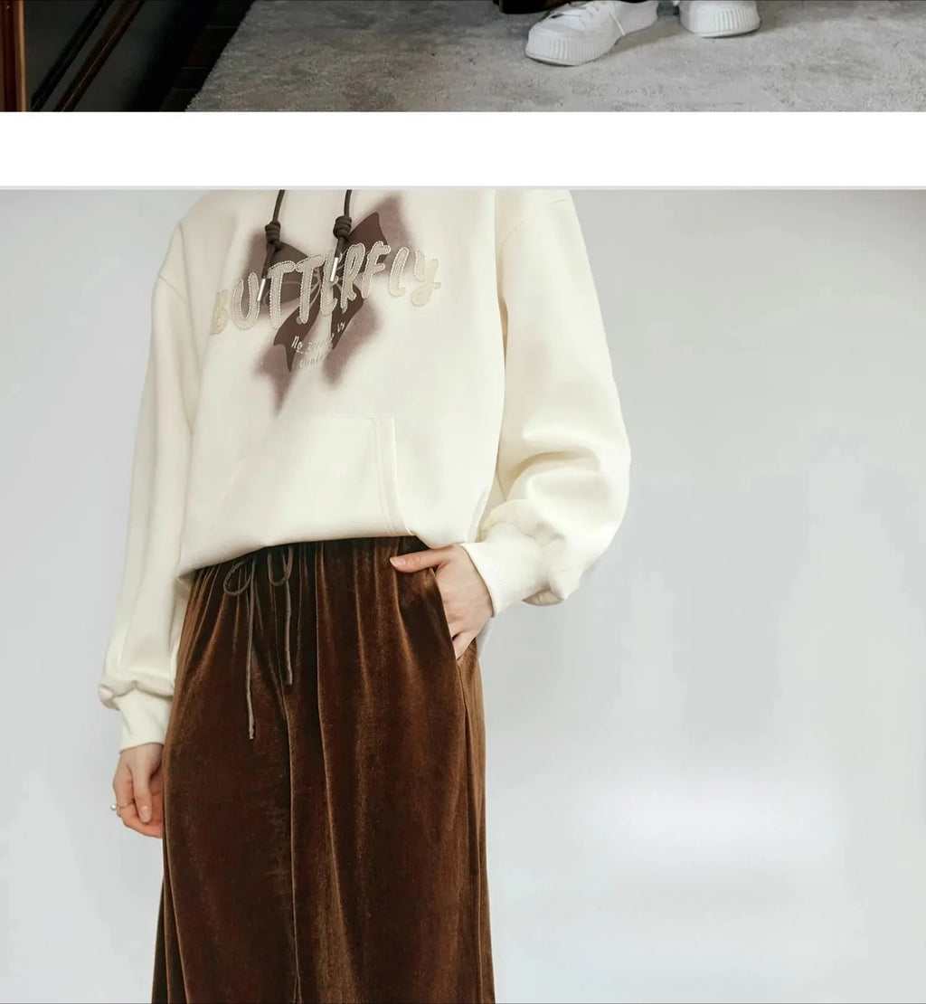 OLrain Velvet Drawstring Baggy Sweatpant Woman 2026 Autumn Casual Retro High Waist Wide Leg Long Pants Women Trousers M56QK85138