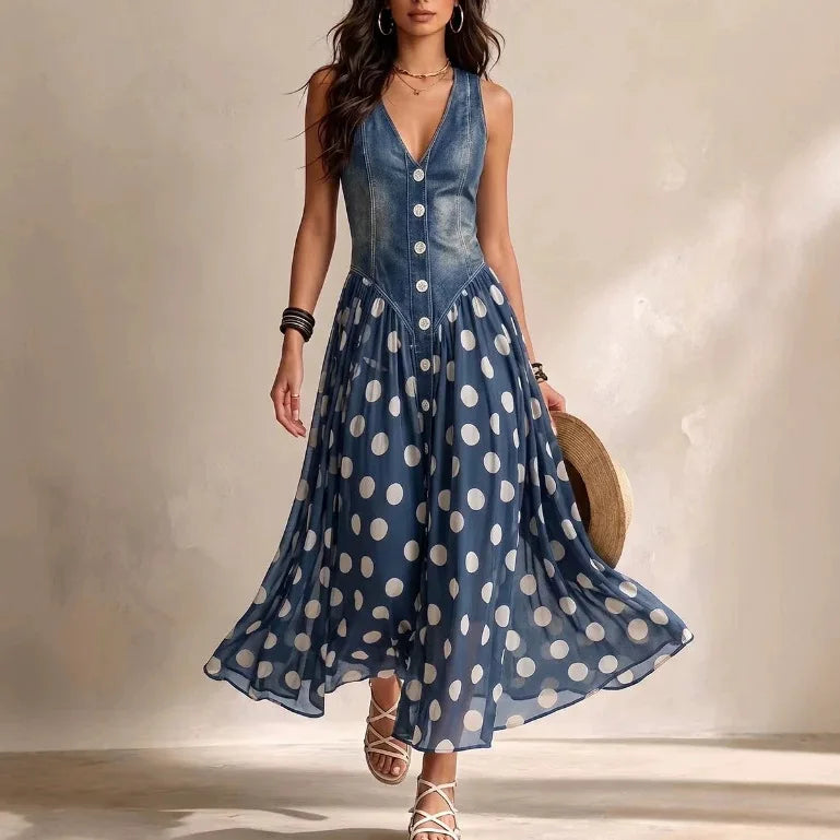 Fashion Print Denim Style Top and Polka Dot Skirt Matching Set