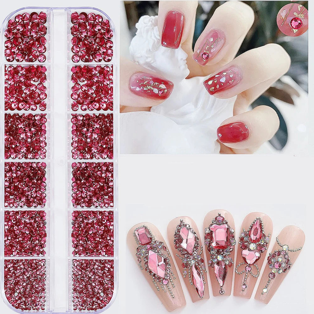 12Grid/1500PCS Shiny Crystal Nail Art Rhinestones SS4-16 Silver 3D Flatback Semicircler Nail Charms Gemstones for DIY Decoration