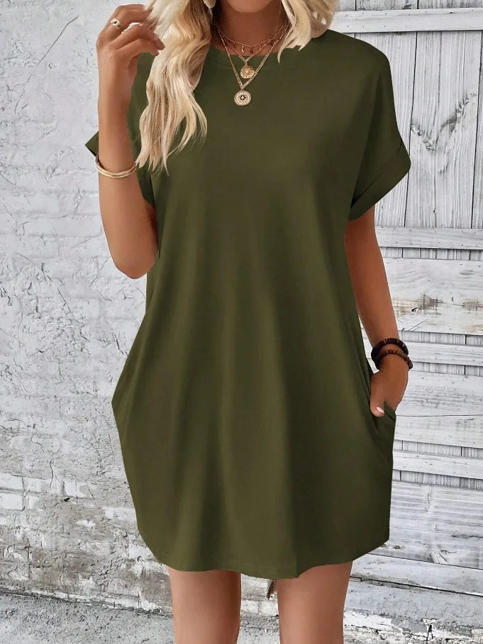 New women's spring and summer fashionable temperament casual commuting solid color round neck loose short sleeved pocket dress