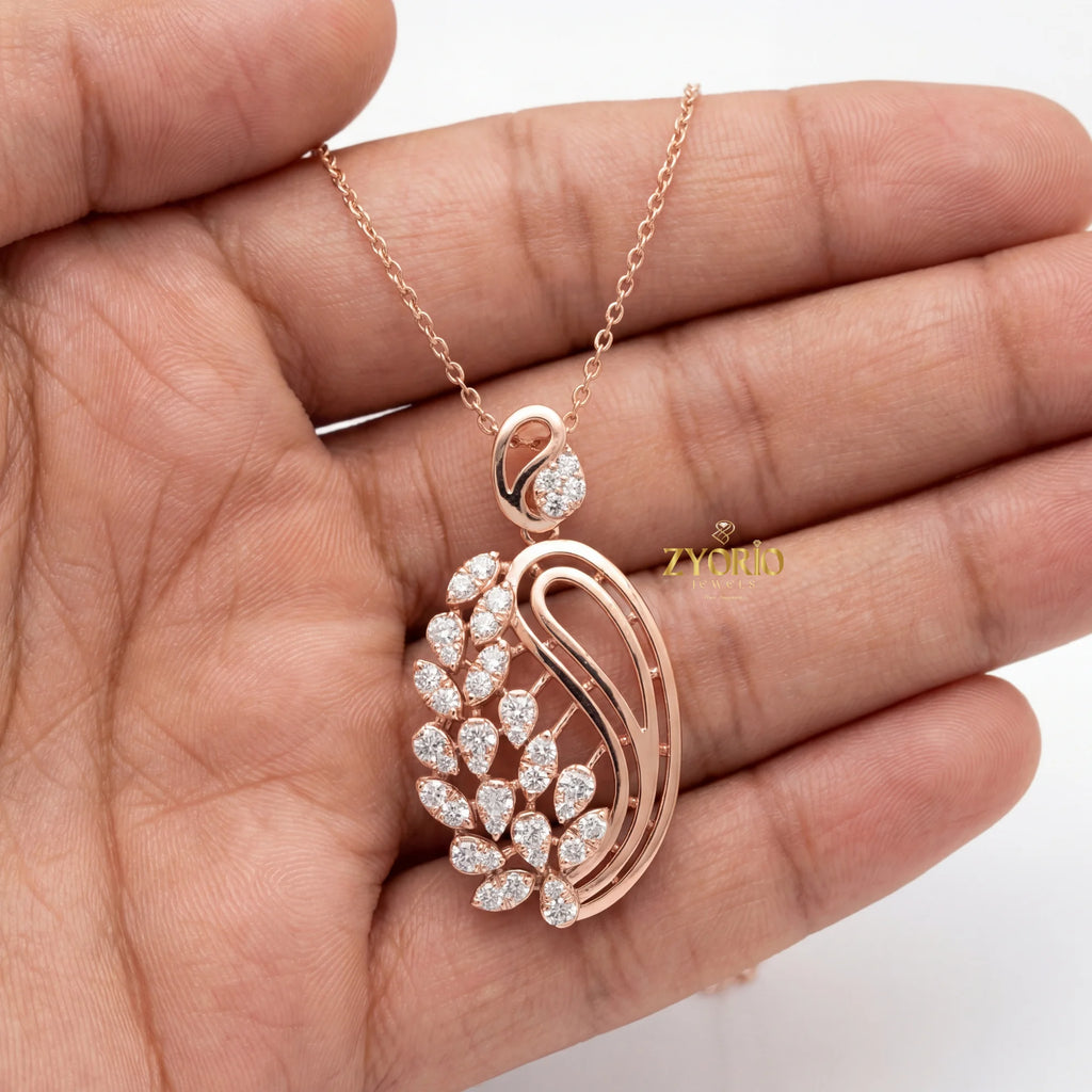 Sterling Silver Paisley Leaf Diamond Pendant Necklace with Link Chain Sparkling Elegant Nature Inspired Jewelry for Women