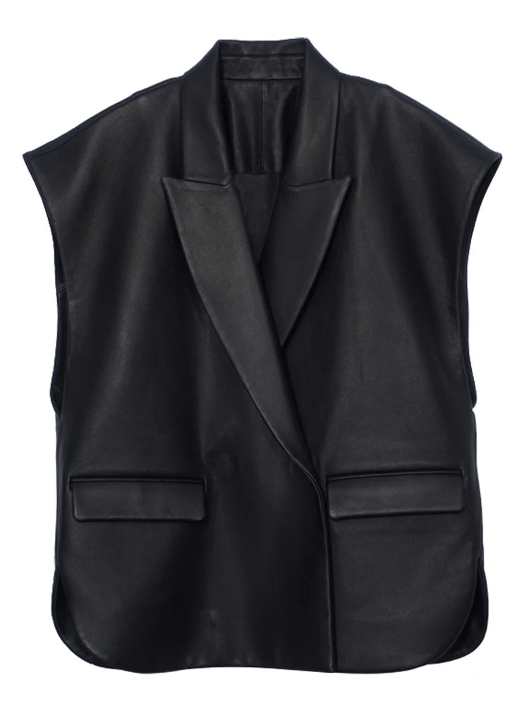 Lautaro-Women's Light Soft Faux Leather Vest, Lapel, Elegant, Luxury, Designer, Sleeveless Jacket, Spring, Autumn Fashion, Black