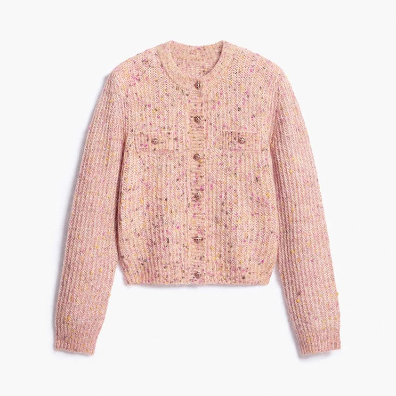Elegant Knitted Print Women's Cardigan Loose Full Sleeve Stand Collar Zipper Sweaters Female 2026 Autumn Outwear Pockets Lady